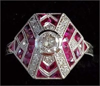 Art Deco Platinum European Cut Diamond & Rubies