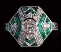 Art Deco Platinum European Cut Diamond & Emeralds