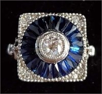 Art Deco Platinum European Cut Diamond & Sapphires