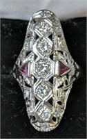 Art Deco 18k White Gold Diamond & Rubies Ring 3