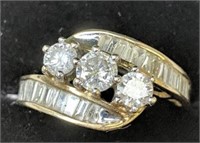 10k Gold Diamond Ring Three Center Stones,