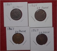 (4) Two Cent Pieces 1864, 1865, 1867 & 1869
