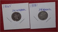(2) Three Cent Nickels 1865 to 1881 Mix
