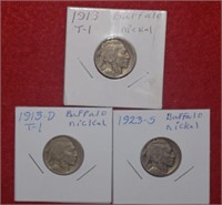 (3) Buffalo Nickels 1913, 1913-D & 1923-S