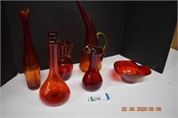 Six Pieces Red Crackle Glass
