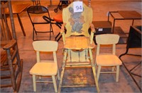WOOD HIGH CHAIR AND 2 SMALL WOOD CHAIRS