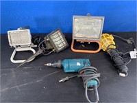 Assorted Lights and Makita Drywall Screwdriver