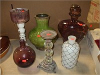 6 VASES, DECANTER, AND CANDLE HOLDERS