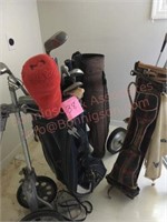 Three golf bag and clubs