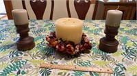 Two Wooden Candlestick Holders & One Pillar Candle