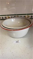 One White Graniteware Bowl w/ Red Rim & One