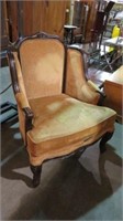 ANTIQUE UPHOLSTERED QUEEN ANNE & CARVED CHAIR