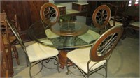 BEVEL EDGE GLASS TOP DINETTE PEDEAST TABLE 4 CHAIR