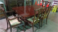ANTIQUE CHERRY DBL PEDESTLE TABLE & 6 CHAIRS