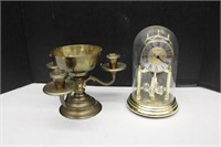 Brass Candle Holders , Glass Domed Brass Clock