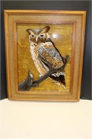 Etched Owl on Glass Bamboo and Wood Framed 23 x 27