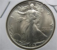 1945 UNC Walking Liberty Silver Half Dollar.