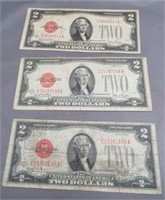 (3) 1928-G $2 Red Seal Notes.