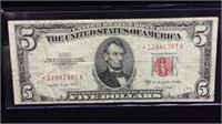 1953B Star Red Seal Five Dollar Bill