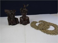 Wood Subcontinental Indian Busts & Necklace +