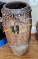 Pottery vase with wood overlay 15"