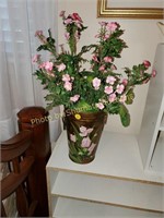 Painted metal pot with artifical flowers