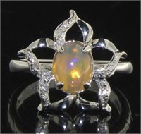 Genuine White Opal & Diamond Ring