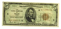Series 1929 Dallas $5 National Currency Note