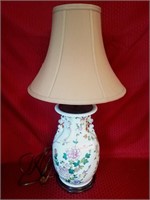 Asian ceramic lamp with silk shade 27”