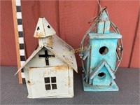 Rustic tin church and wooden birdhouse
