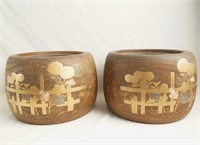 Pair Antique Japanese Wood inlaid fire bowls
