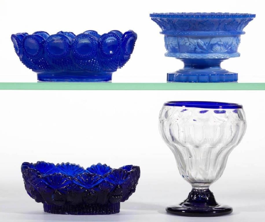 Rare lacy-period and other open salts including an unrecorded blown-molded diamond example with applied blue rim and foot