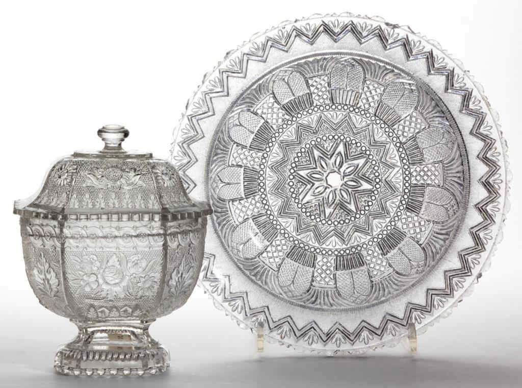 Collection of pressed lacy-period glass including an unrecorded Midwestern sugar bowl and cover in outstanding condition