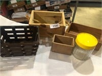 (3) Wooden Boxes, Wooden Basket, Glass Canister