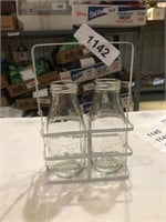 (2) Small Glass Milk Bottles w/ Carrying Rack