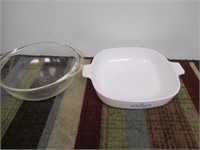 Corning Ware casserole dish and pyrex glass bowl
