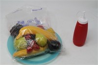 Bag of Plastic Fruit, squeeze bottle & plastic pla