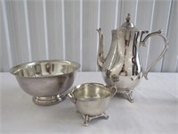 Metal Tea Kettle, Cream Bowl & Silverplate Bowl