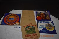 Three Vintage Corn Meal Bags & Three Fruit Crate