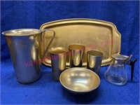Gold aluminum ware pitcher-tray-syrup-cups-bowl