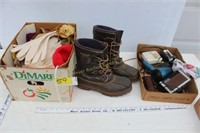 Box of Work Gloves, Sz9 Boots, etc
