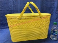 Old yellow picnic basket w/ yellow gingham inside
