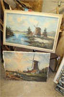 Lot of 2 Oil on Canvas Windmills Painting