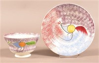 Three Color Spatterware China Peafowl Cup and Sauc