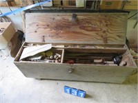 WOOD TOOL CHEST- HINGES NEED REPAIR WITH CONTENTS
