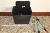 Tub of Misc Tools - Trimmer, jumper cables, level,