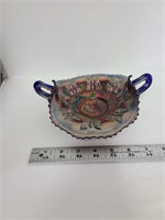 Blue Butterflies Carnival Glass Handled Dish