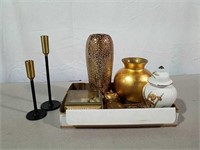 Gold tone vases, boxes and candlesticks