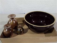 Brown stoneware Bowl 9 inch and three stoneware