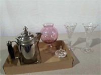 Glass vases, ring holder and silver plate coffee